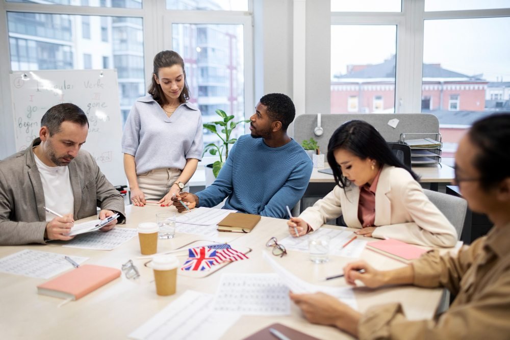 Grupo de adultos discutindo atividades de ingl&ecirc;s executivo durante estudo colaborativo.