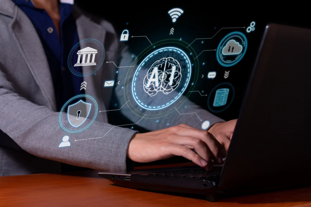 Executivo operando ferramentas de intelig&ecirc;ncia artificial para neg&oacute;cios.