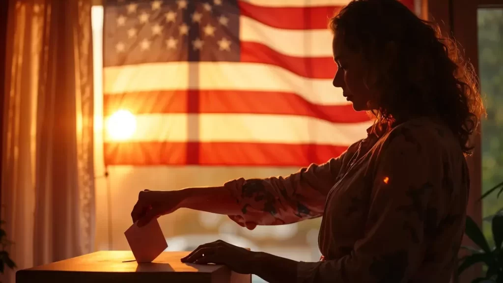 Elei&ccedil;&otilde;es americanas. Eleitora depositando voto em c&eacute;dula de papel na urna. bandeira dos estados unidos ao fundo.