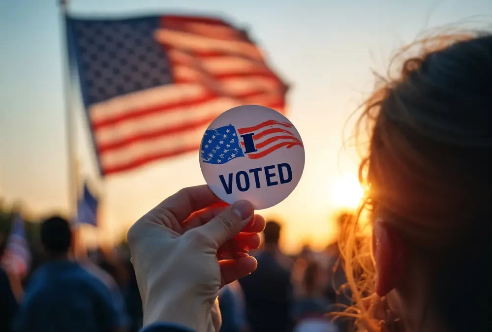 Mulher segurando broche no per&iacute;odo de elei&ccedil;&otilde;es americanas