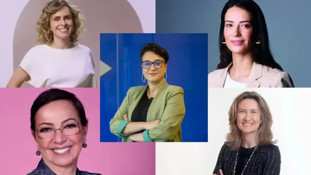 Montagem de fotos com 5 CEOs brasileiras que representam a lideran&ccedil;a feminina: Tarciana Medeiros, CEO do Banco do Brasil - Livia Chanes, CEO Nubank - Silvia Penna, CEO Uber Brasil, T&acirc;nia Cosentino, CEO Microsoft Brasil - Cristina Betts, CEO Grupo Iguatemi