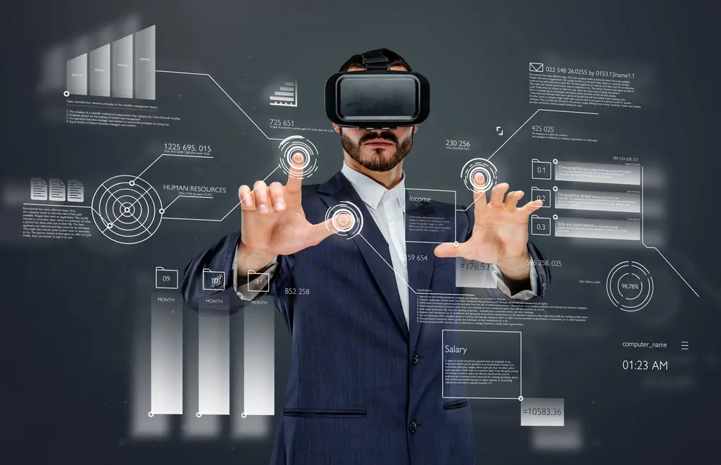 Executivo manipulando intelig&ecirc;ncia artificial nos neg&oacute;cios.