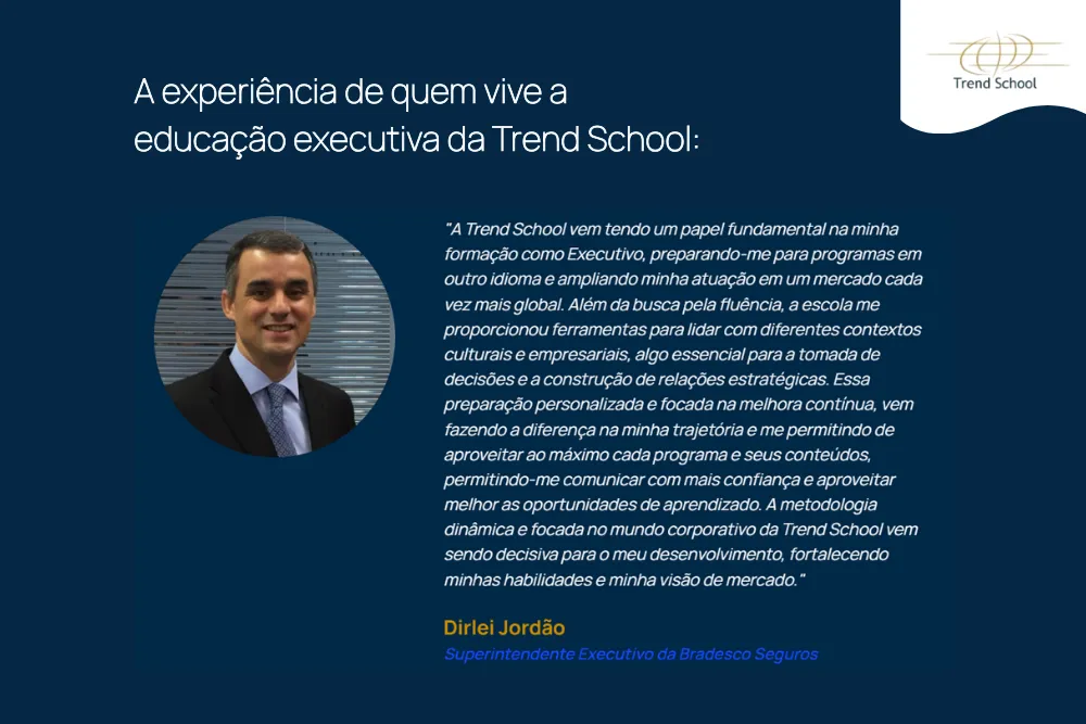 Depoimento de executivo sobre educação executiva e liderança estratégica, com foco em desenvolvimento profissional e visão global.